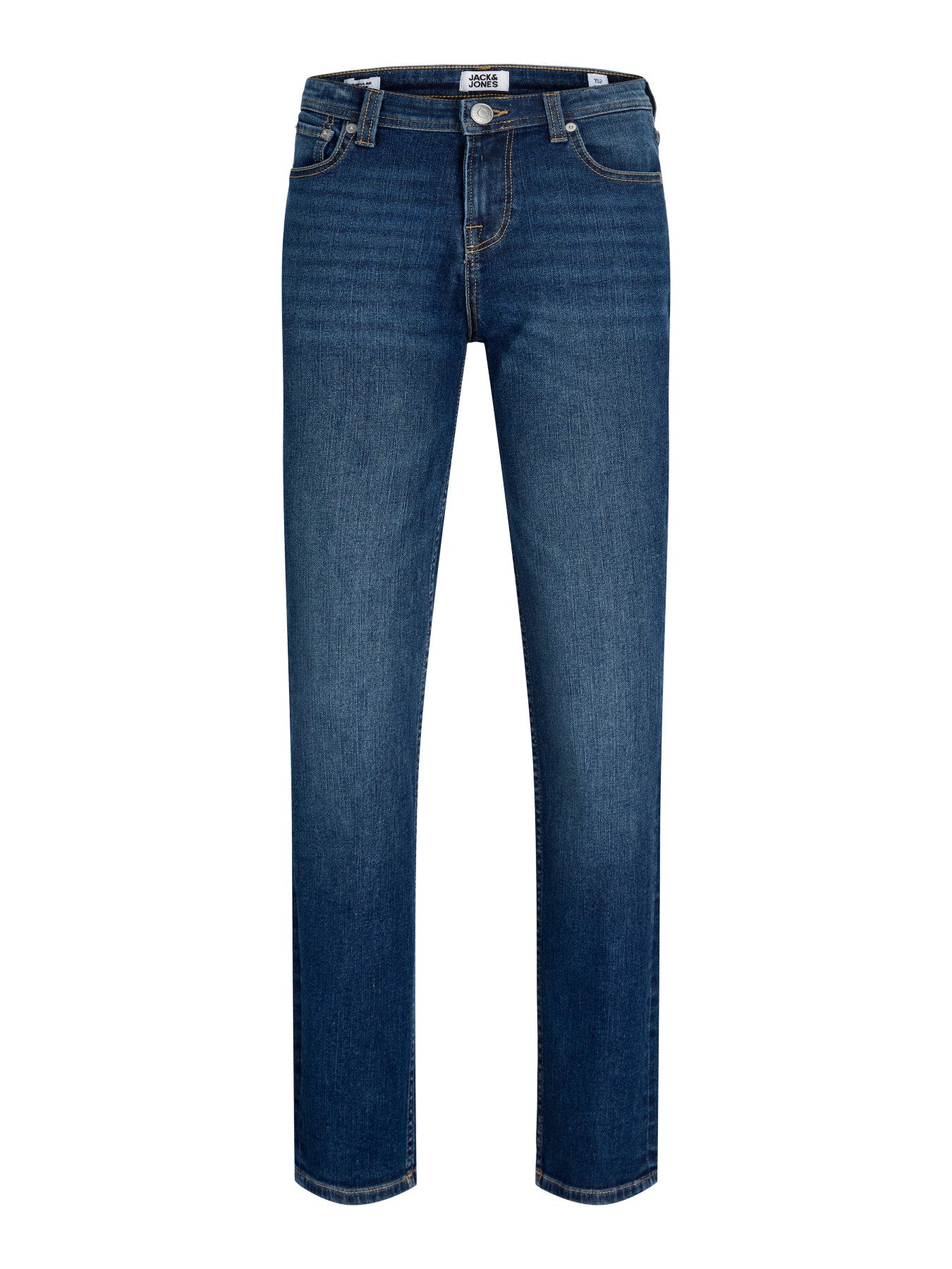 Jack & Jones Junior blå original jeans för pojke med raka ben, fem fickor och mjuk stretchig denimkvalitet