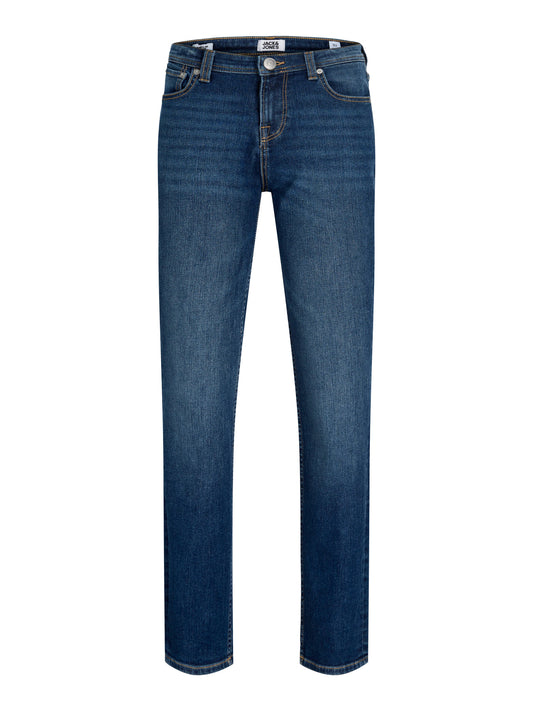 Jack & Jones Junior blå original jeans för pojke med raka ben, fem fickor och mjuk stretchig denimkvalitet
