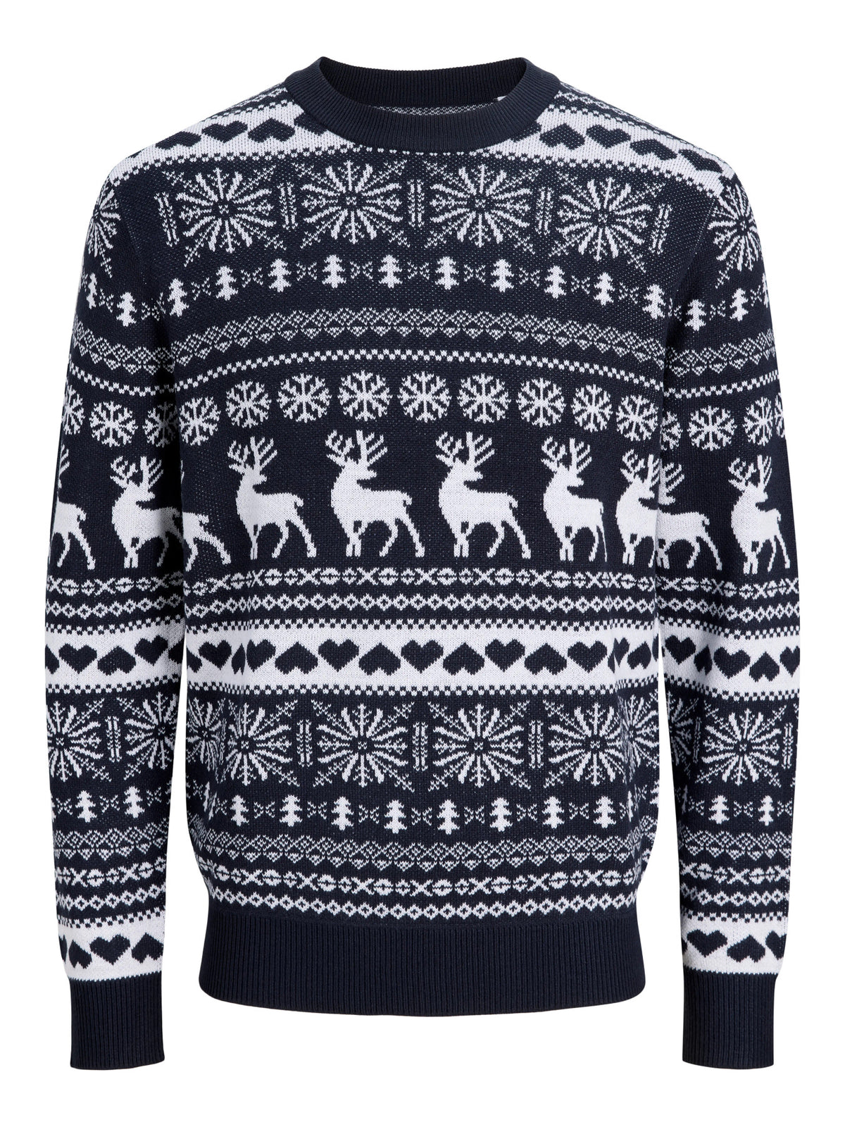 Jack & Jones Junior Santa mörkblå stickad jultröja för pojke och ungdom med vita renar och snöflingor.