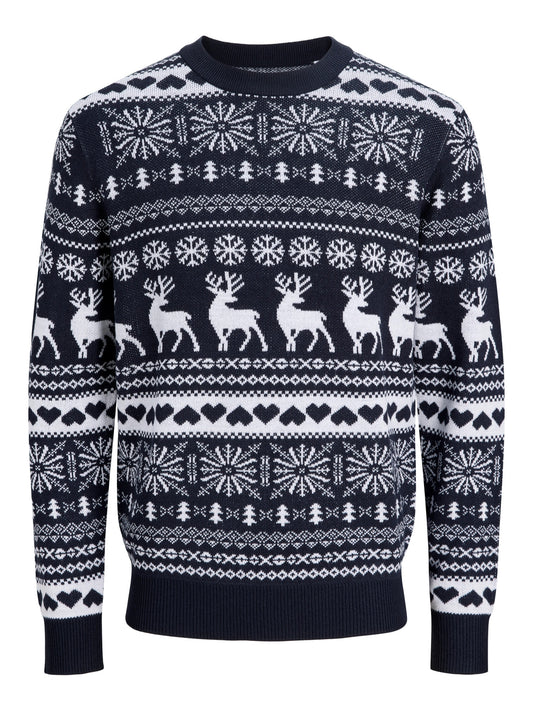 Jack & Jones Junior Santa mörkblå stickad jultröja för pojke och ungdom med vita renar och snöflingor.
