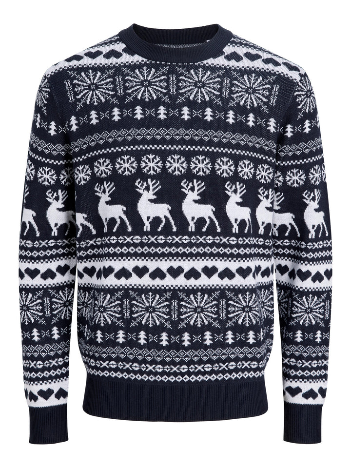 Jack & Jones Junior Santa mörkblå stickad jultröja för pojke och ungdom med vita renar och snöflingor.