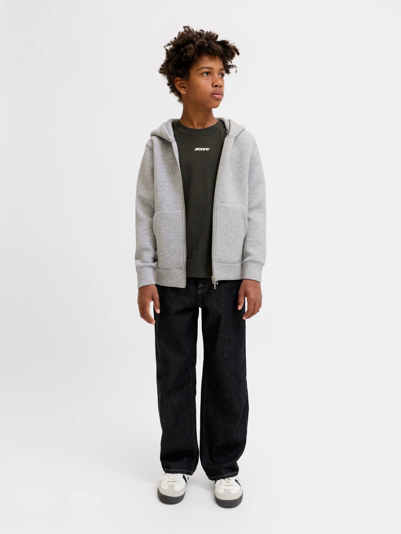 Jack & Jones Junior grå hoodie med dragkedja för ungdom kille.
