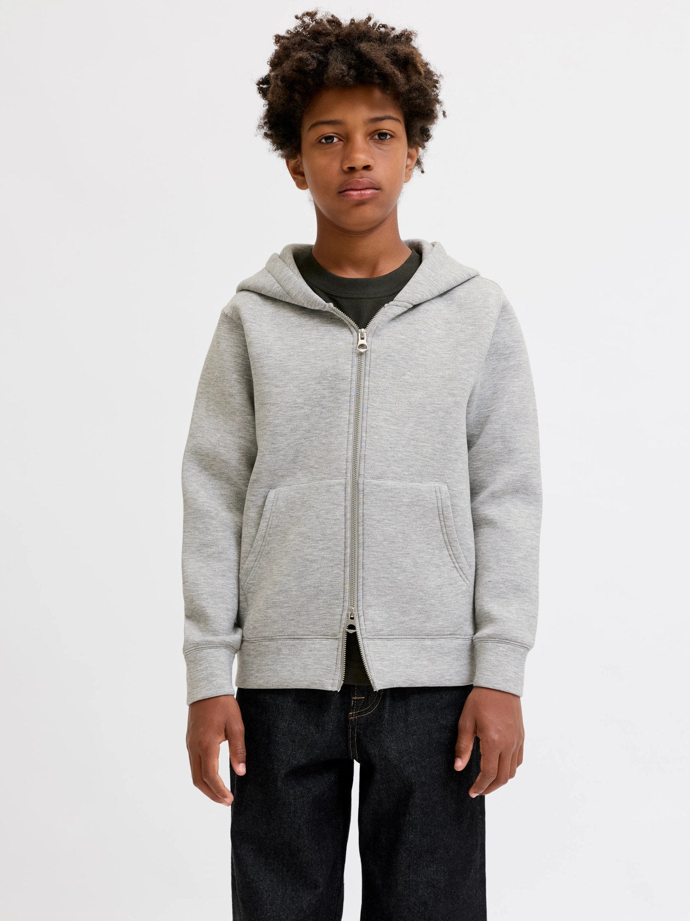 Jack & Jones Junior grå hoodie med dragkedja för ungdom kille.