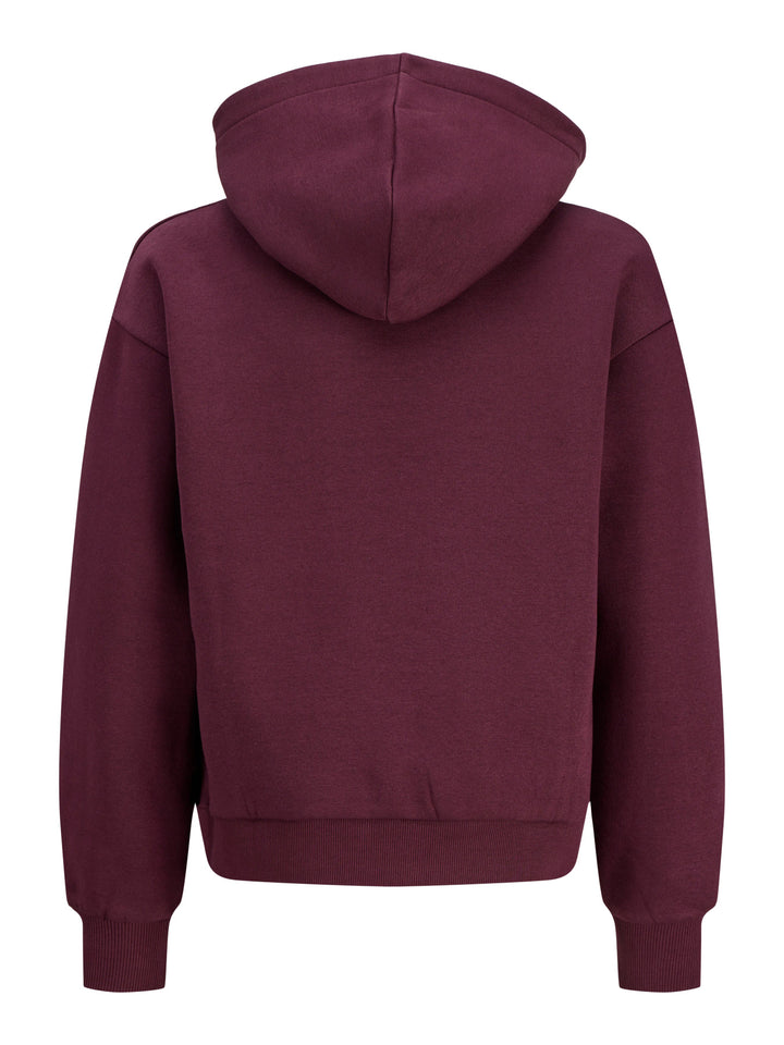 JJXX vinröd oversized hoodie för ungdoms tjej med huva, känguruficka och mjuk sweatkvalitet