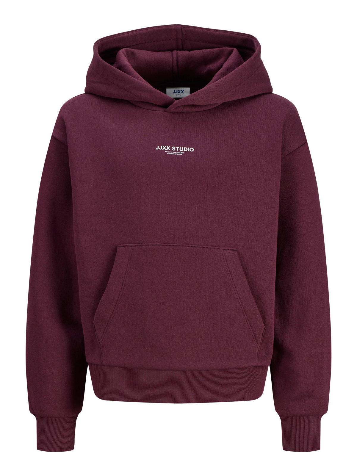 JJXX vinröd oversized hoodie för ungdomstjej med huva, känguruficka och mjuk sweatkvalitet