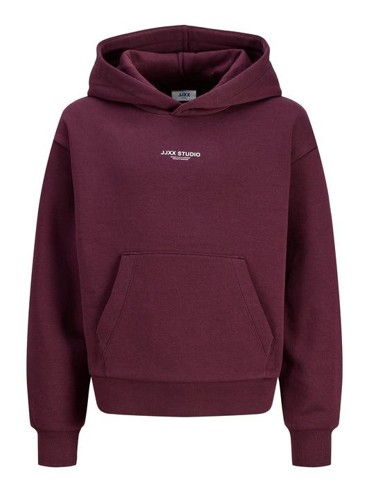 JJXX vinröd oversized hoodie för ungdomstjej med huva, känguruficka och mjuk sweatkvalitet