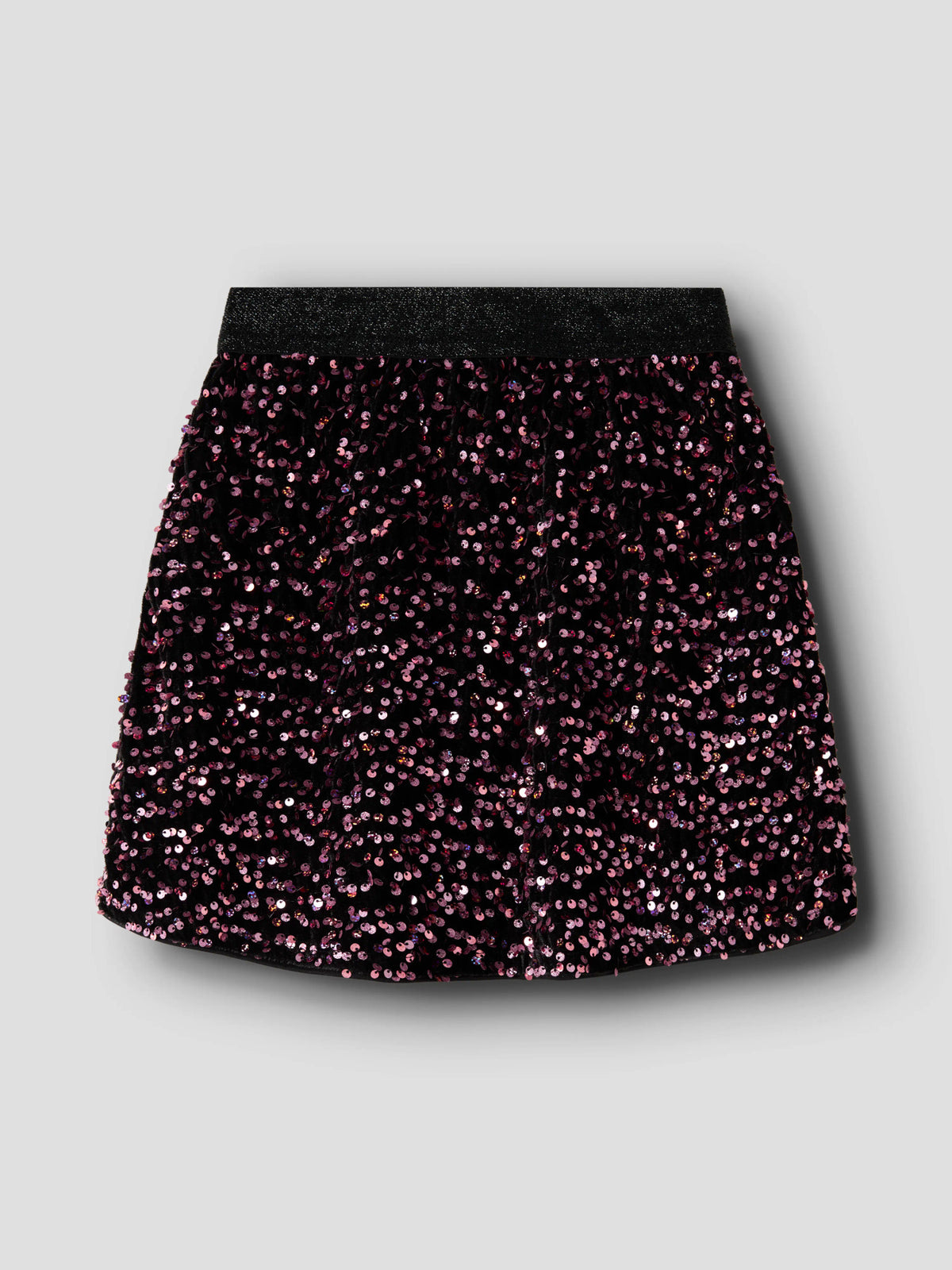 Runica paljettkjol från Name It i svart med vinröda och rosa paljetter samt glittrig resårmidja.