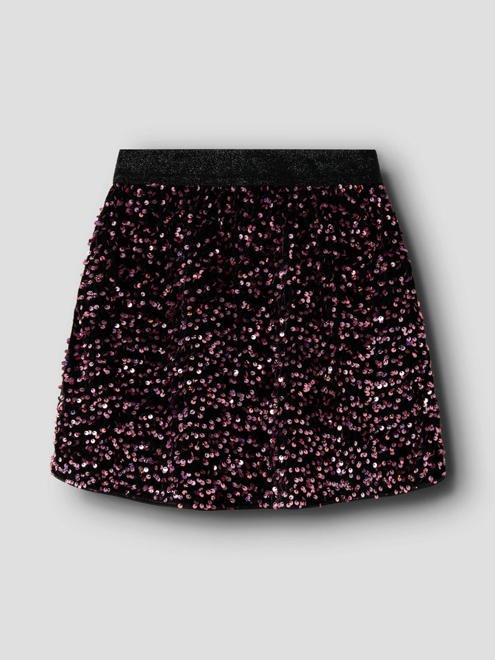 Runica paljettkjol från Name It i svart med vinröda och rosa paljetter samt glittrig resårmidja.