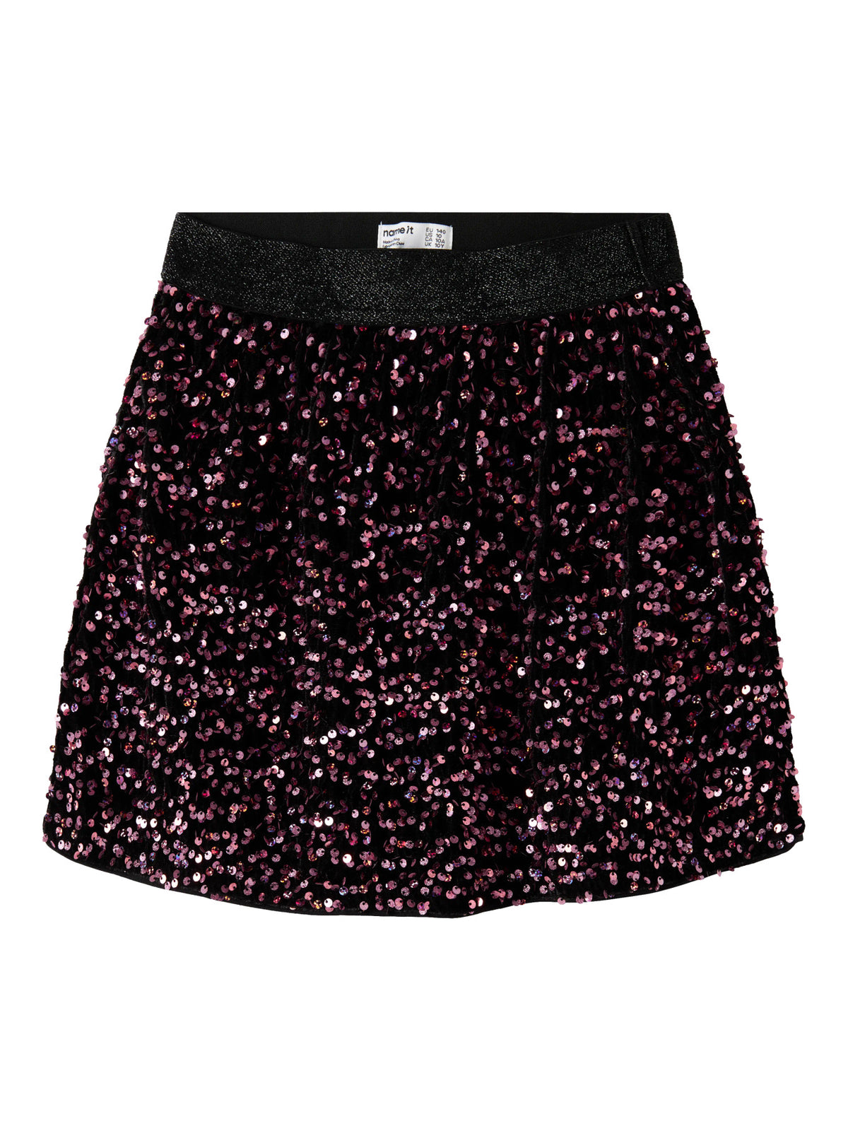 Runica paljettkjol från Name It i svart med vinröda och rosa paljetter samt glittrig resårmidja.