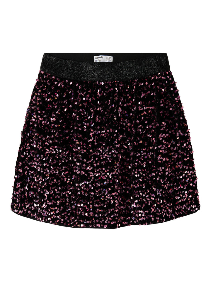Runica paljettkjol från Name It i svart med vinröda och rosa paljetter samt glittrig resårmidja.