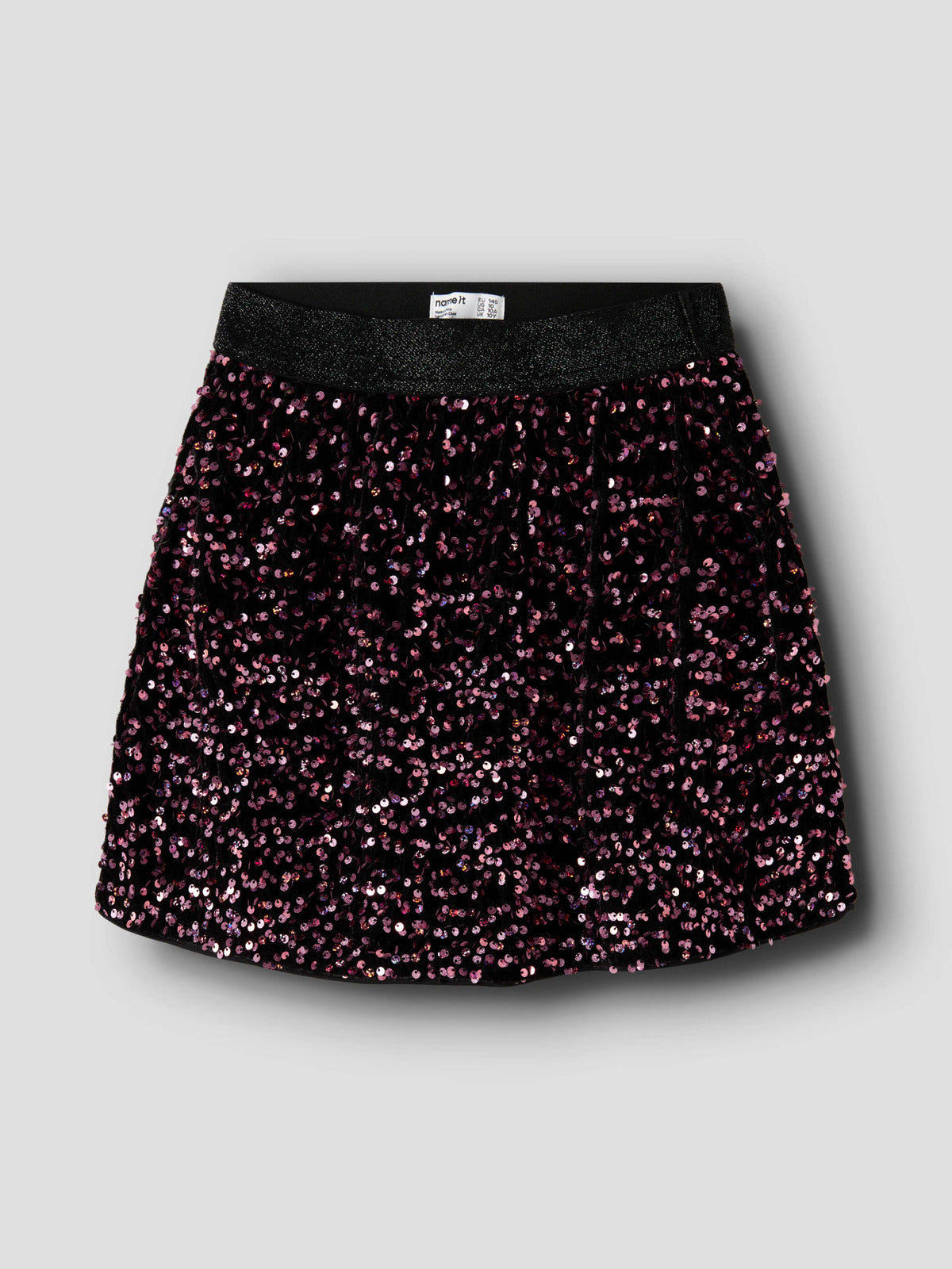 Runica paljettkjol från Name It i svart med vinröda och rosa paljetter samt glittrig resårmidja.