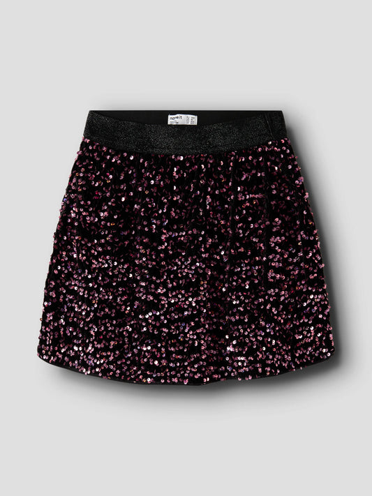 Runica paljettkjol från Name It i svart med vinröda och rosa paljetter samt glittrig resårmidja.