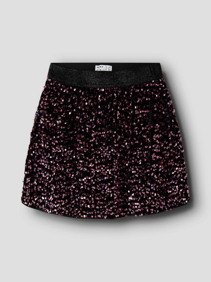 Runica paljettkjol från Name It i svart med vinröda och rosa paljetter samt glittrig resårmidja.