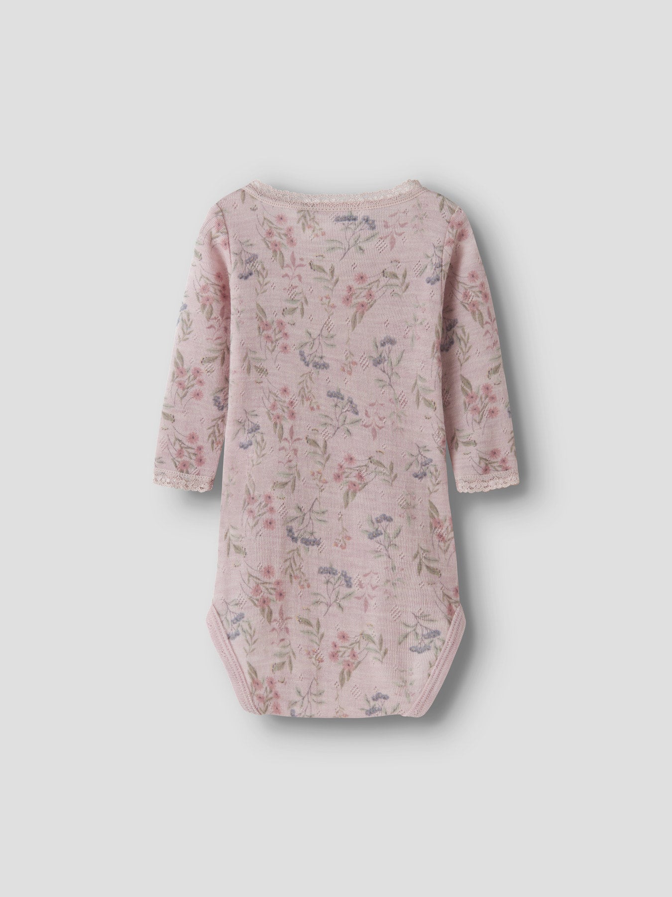 Name It Wang rosa merinoull body med blommor för baby flicka