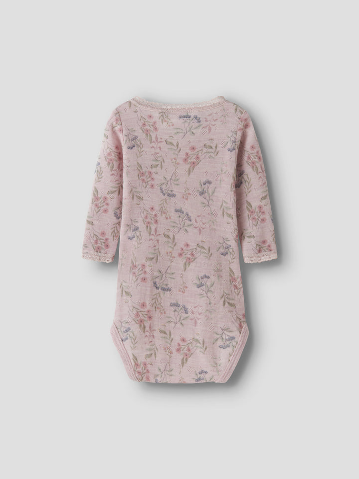 Name It Wang rosa merinoull body med blommor för baby flicka