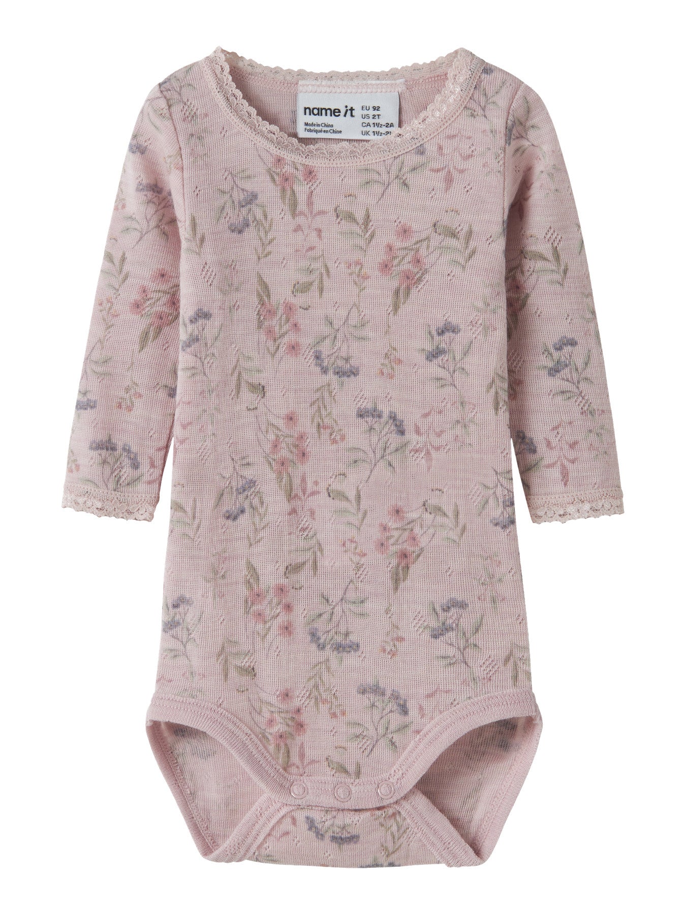 Name It Wang rosa merinoull body med blommor för baby flicka