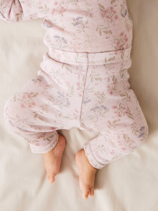 Name It Wang Merinoull Leggings Violet Ice med blommönster för baby flicka