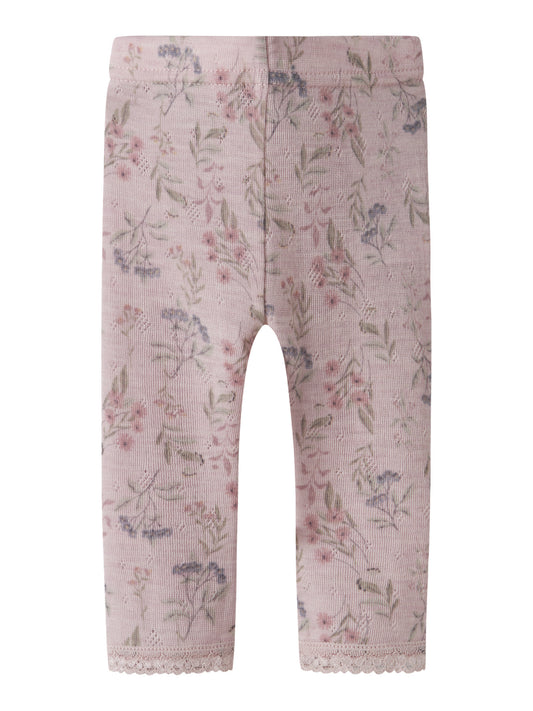 Name It Wang Merinoull Leggings Violet Ice med blommönster för baby flicka