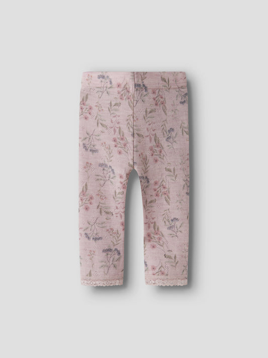 Name It Wang Merinoull Leggings Violet Ice med blommönster för baby flicka