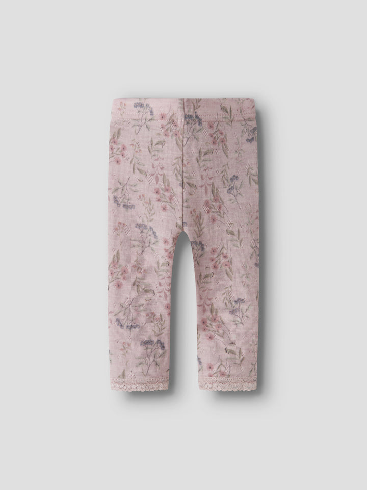 Name It Wang Merinoull Leggings Violet Ice med blommönster för baby flicka