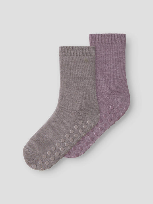 Name It Mini Wak 2-pack halksockor i 50% merinoull rosa och grå för flicka – 13228514