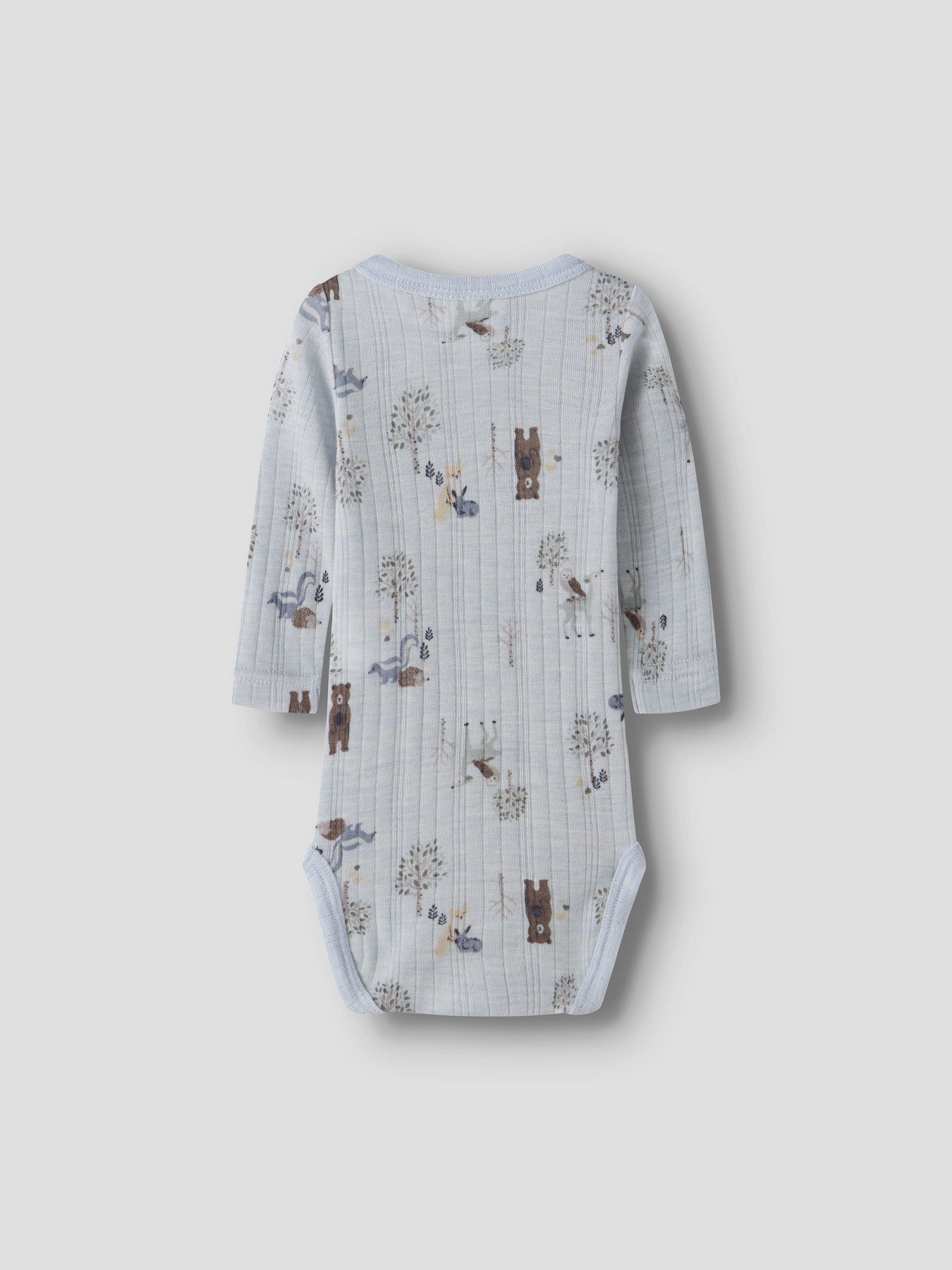 Name It Wang merinoull body Arctic Ice med skogsdjur för baby pojke