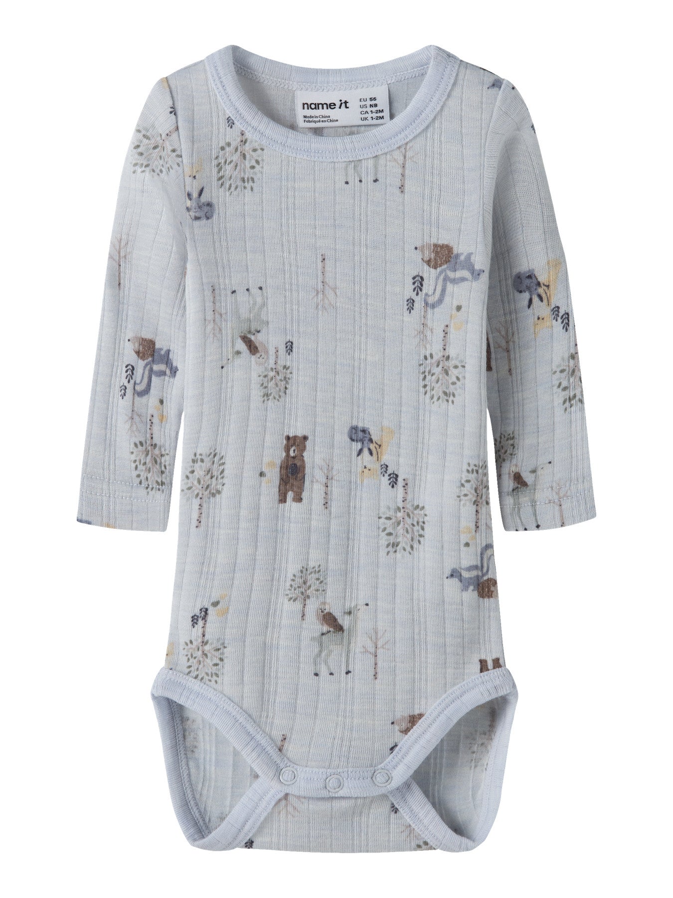 Name It Wang merinoull body Arctic Ice med skogsdjur för baby pojke