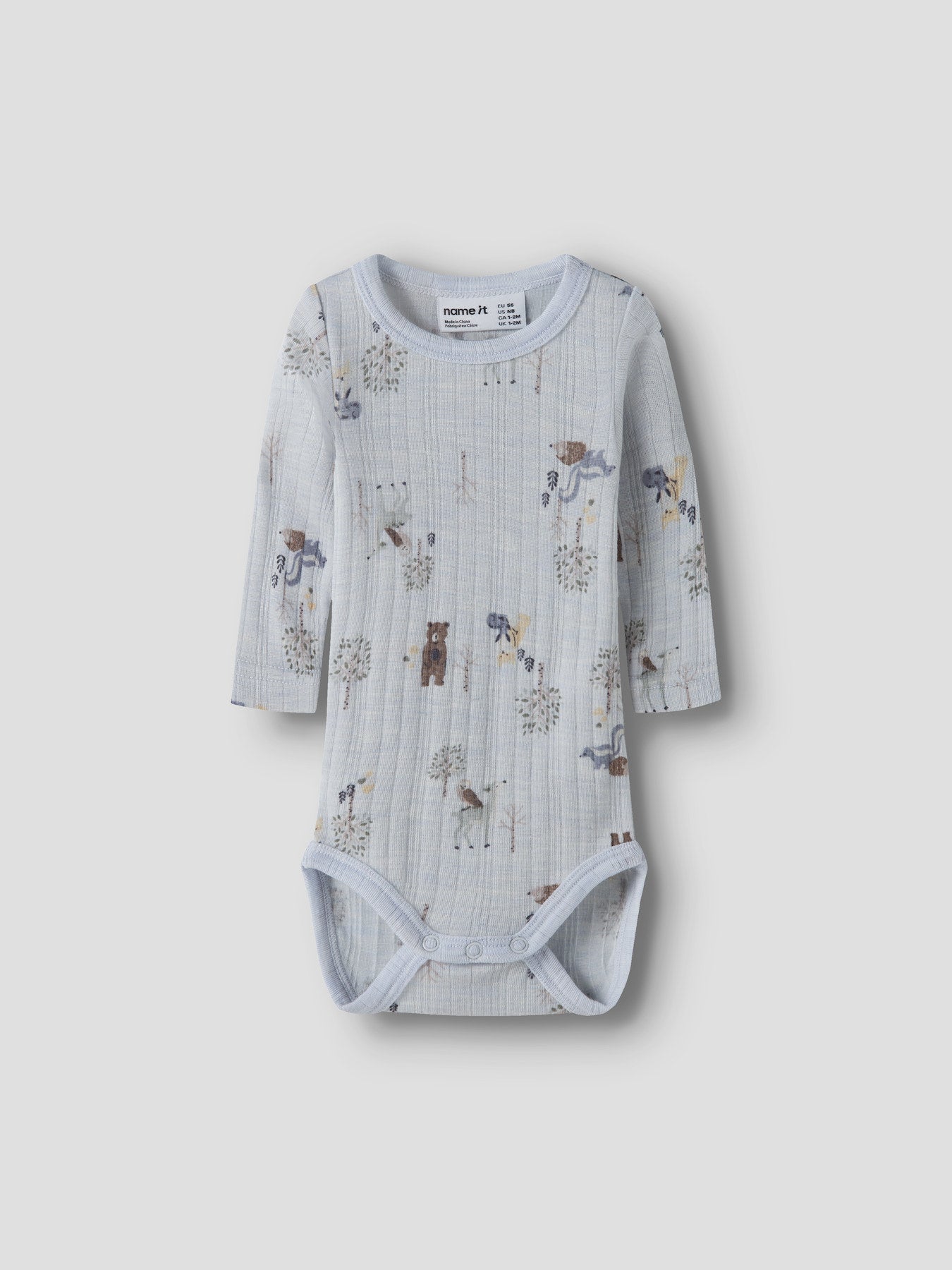 Name It Wang merinoull body Arctic Ice med skogsdjur för baby pojke