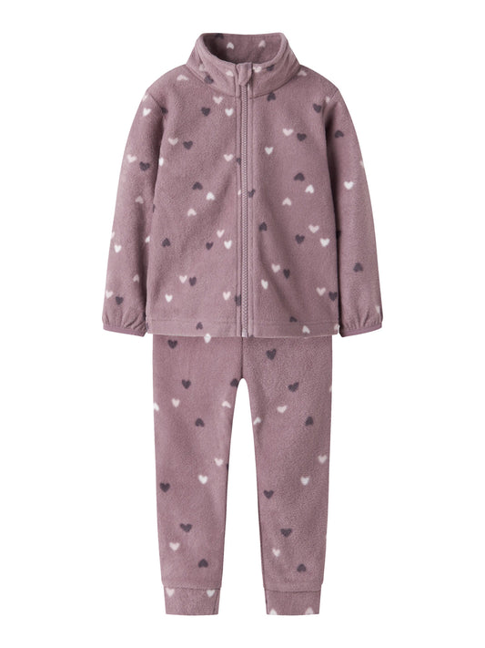 Name It Spektra fleeceset i Dusty Mauve med hjärtmönster för mini flicka.