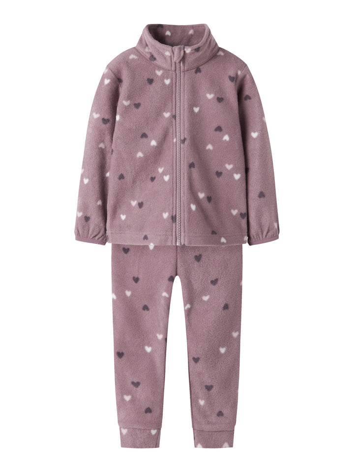 Name It Spektra fleeceset i Dusty Mauve med hjärtmönster för mini flicka.