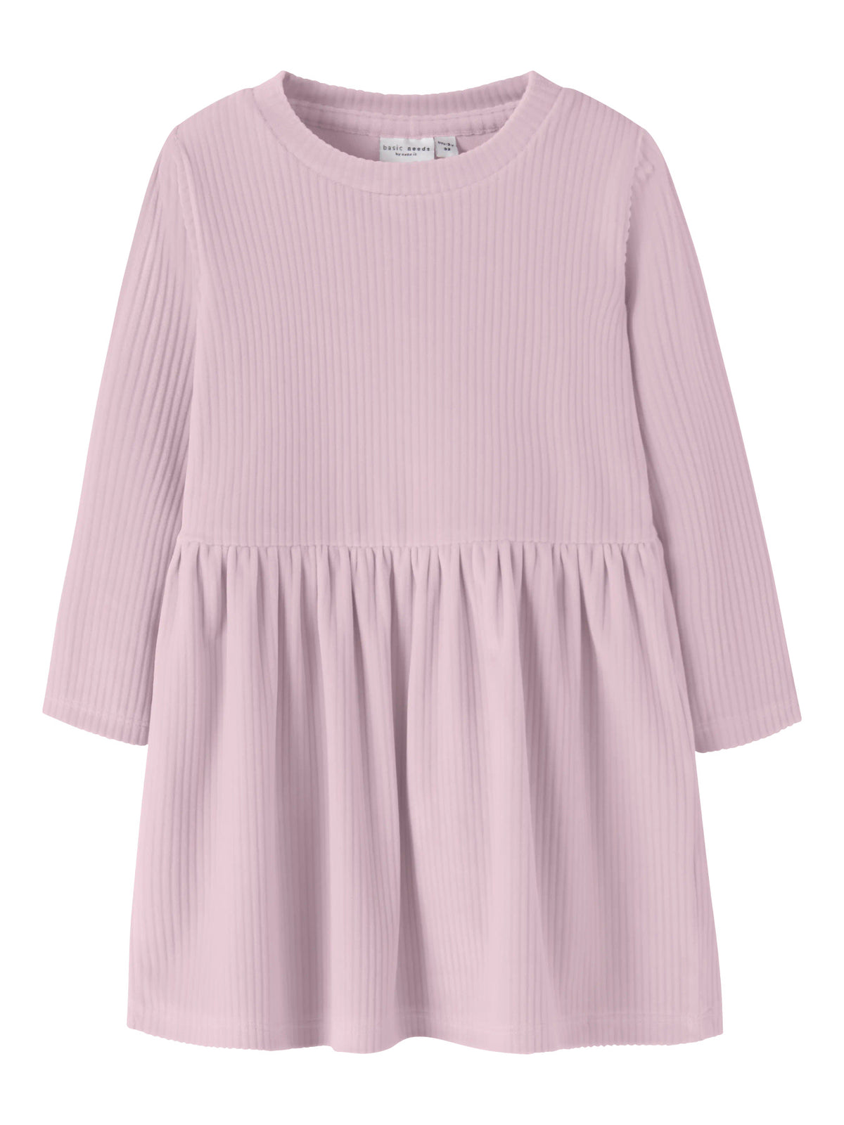Veloa rosa långärmad velourklänning från Name It med ribbad struktur och rynkad kjol.