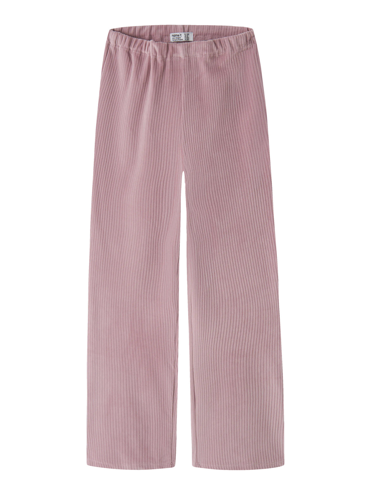Name It Veloa ribbad velourbyxa för flicka i dov rosa färg med raka vida ben framifrån