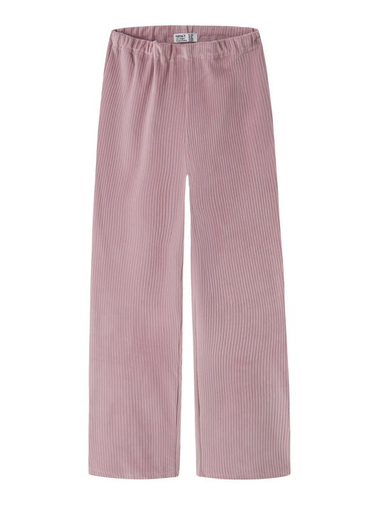 Name It Veloa ribbad velourbyxa för flicka i dov rosa färg med raka vida ben framifrån