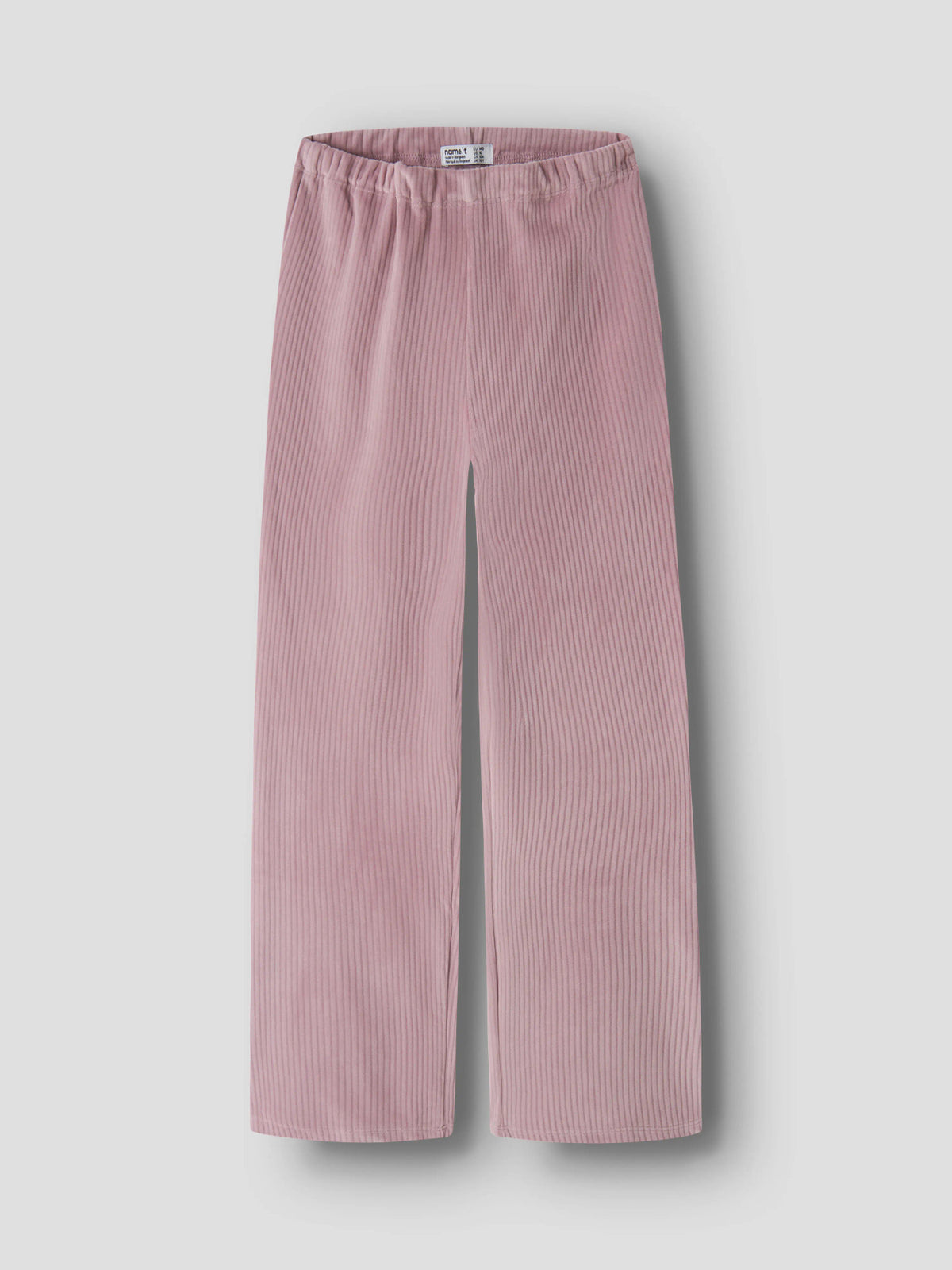 Name It Veloa ribbad velourbyxa för flicka i dov rosa färg med raka vida ben framifrån