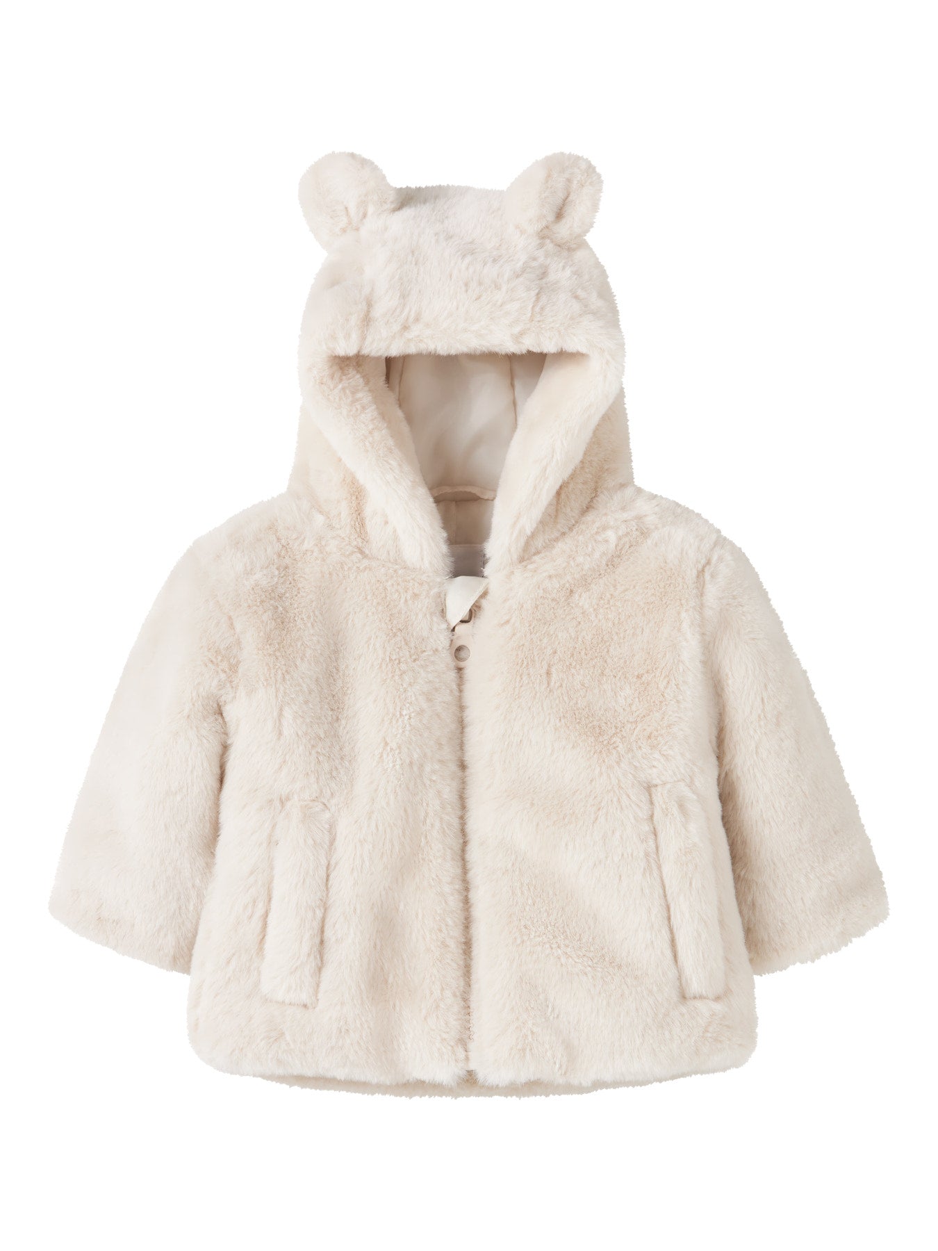 Name It Mila ljus fuskpälsjacka i Moonbeam med huva och små öron för baby flicka