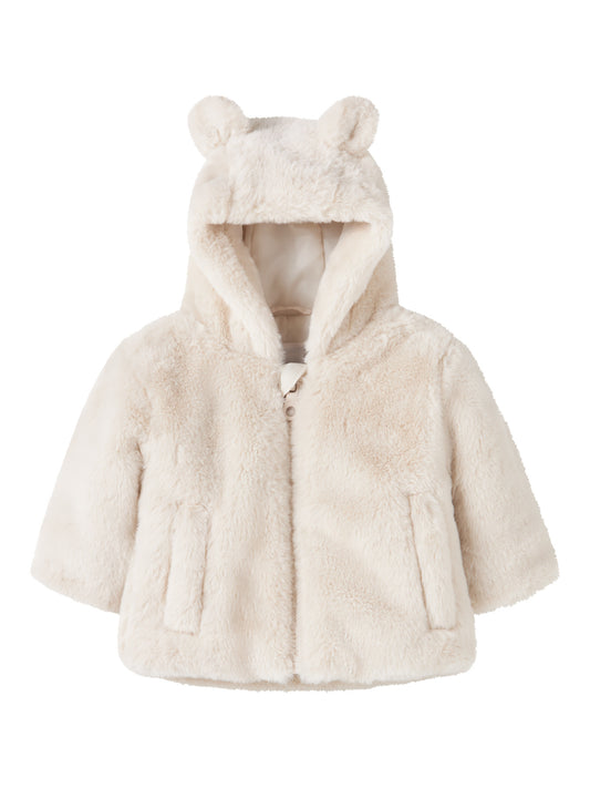 Name It Mila ljus fuskpälsjacka i Moonbeam med huva och små öron för baby flicka