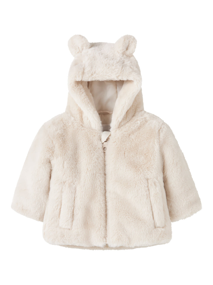 Name It Mila ljus fuskpälsjacka i Moonbeam med huva och små öron för baby flicka