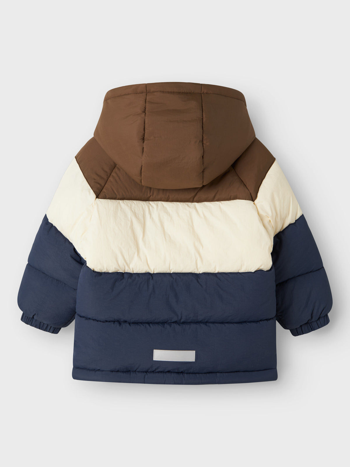 Name It Melbourne pufferjacka pojke colorblock marinblå krämvit och brun med huva