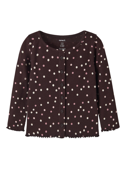 Name It Vemia ribbad långärmad topp för flicka mini Chocolate Plum med prickar och knappar – 13248313