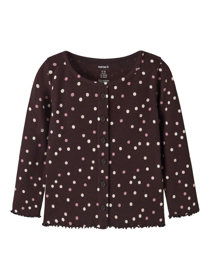 Name It Vemia ribbad långärmad topp för flicka mini Chocolate Plum med prickar och knappar – 13248313
