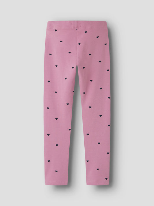 Name It Davina sweatleggings till flicka i färgen Mauve Orchid med små mörka hjärtan.