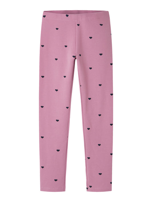 Name It Davina sweatleggings till flicka i färgen Mauve Orchid med små mörka hjärtan.