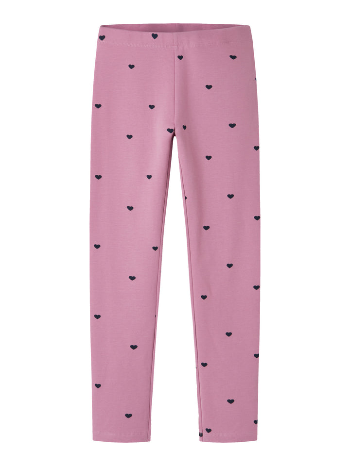 Name It Davina sweatleggings till flicka i färgen Mauve Orchid med små mörka hjärtan.
