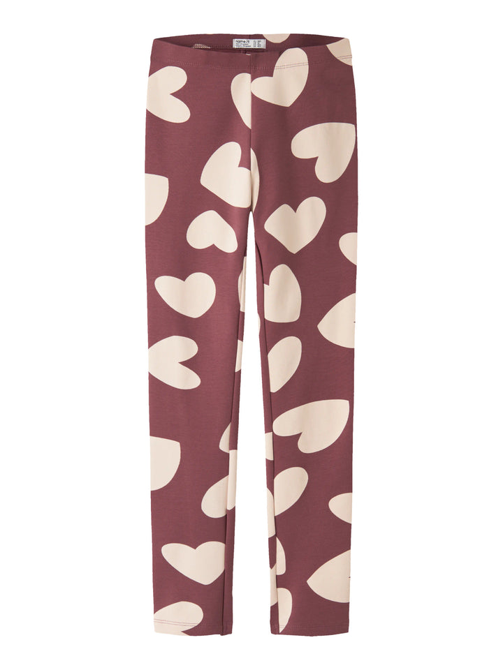 Name It Davina sweatleggings till flicka i färgen Wild Ginger med stora vita hjärtan.