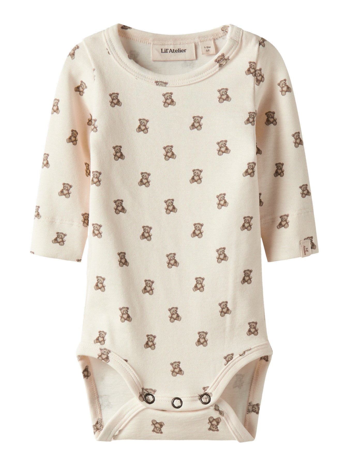 Lil' Atelier beige body med nallemönster för baby unisex i ekologisk bomull och TENCEL™ Lyocell med tryckknappar och mjuk stretchkvalitet