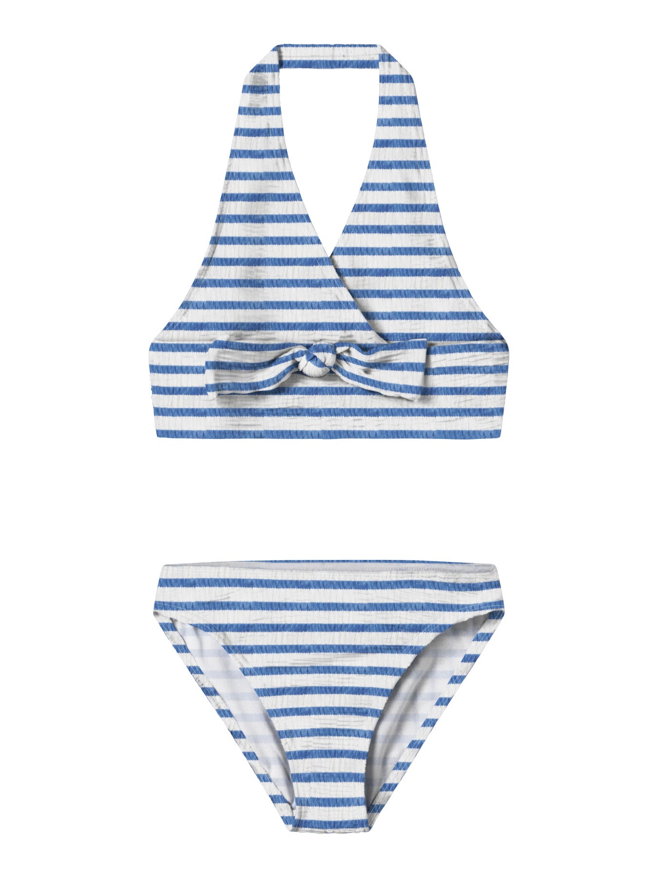 Blå och vit randig halterneck bikini till tjej. Badkläder till flicka, randig bikini topp med rosett fram, samt randig bikini trosa till barn, ungdom från Name it.
NKFZIPPA BIKINI
13253288