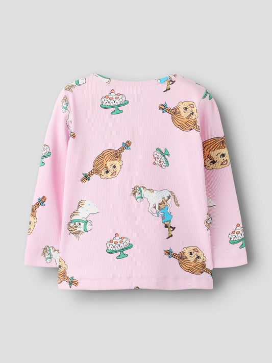 Name It rosa långärmad tröja med Pippi Långstrump-motiv för flicka.