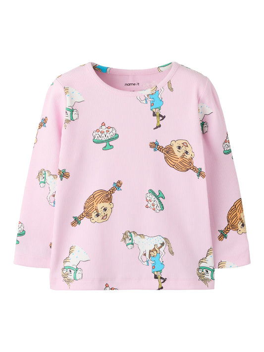 Name It rosa långärmad tröja med Pippi Långstrump-motiv för flicka.