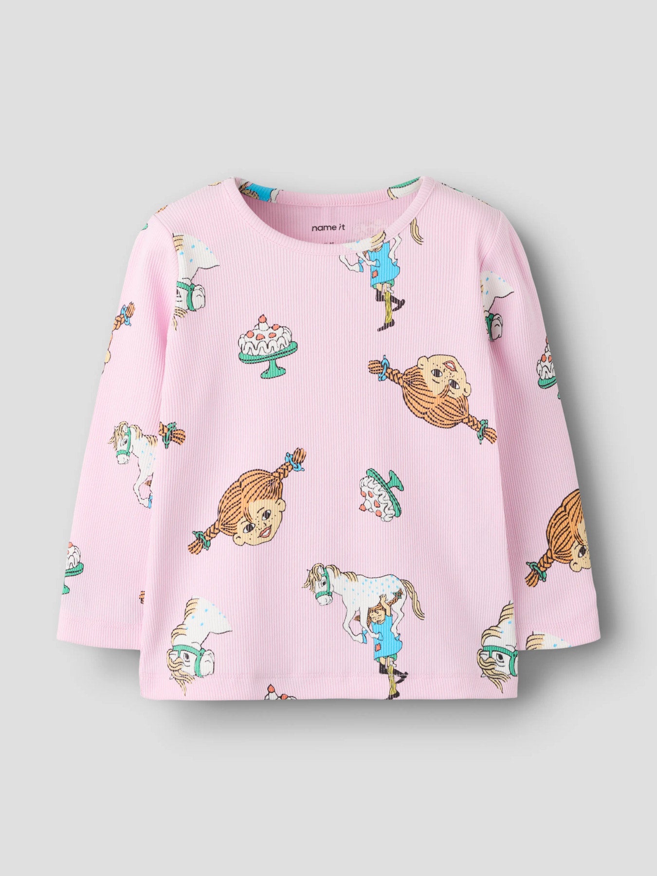 Name It rosa långärmad tröja med Pippi Långstrump-motiv för flicka.