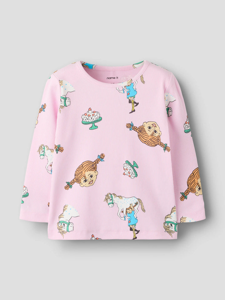 Name It rosa långärmad tröja med Pippi Långstrump-motiv för flicka.